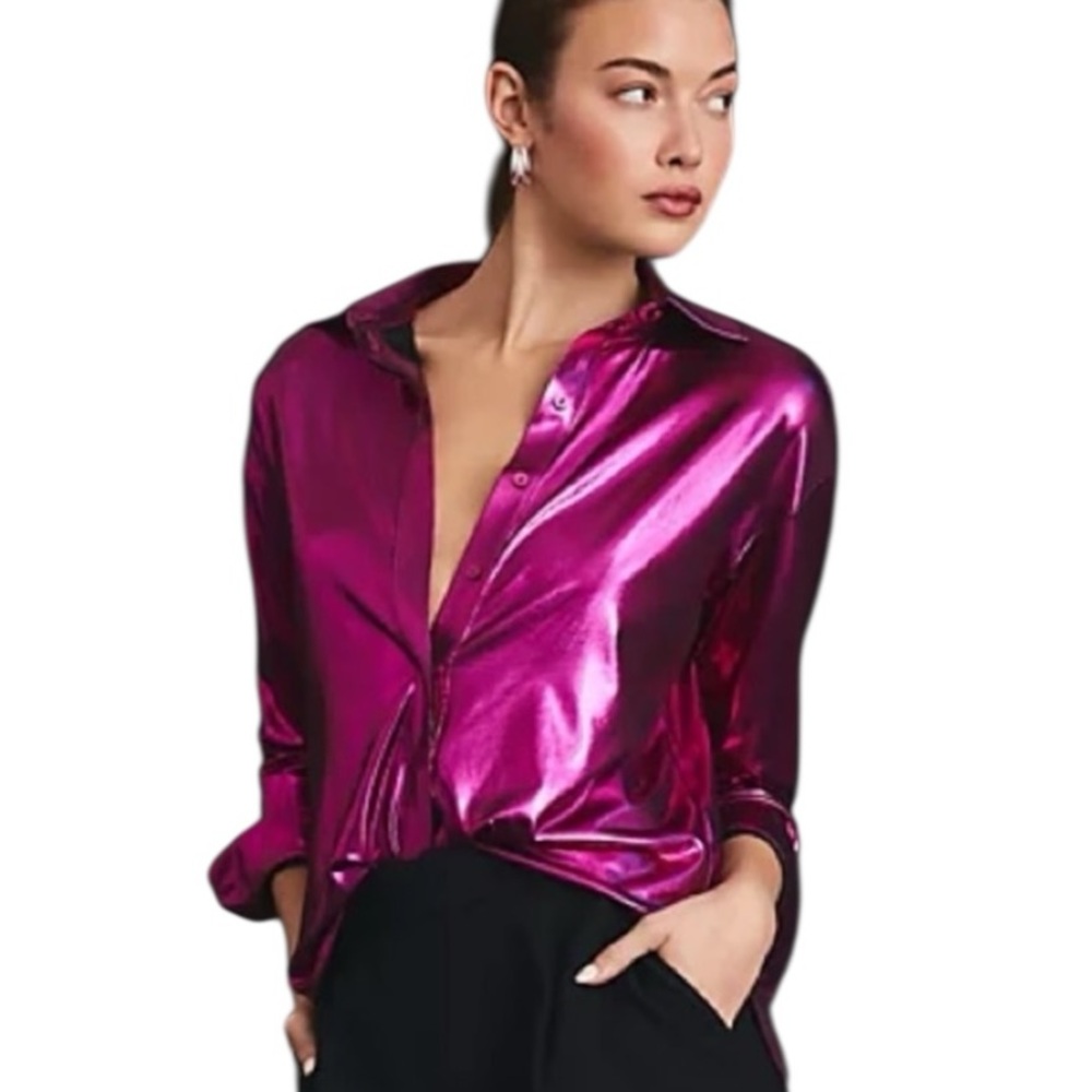 Anthropologie Metallic Pink Shine Button Down Shirt - XS